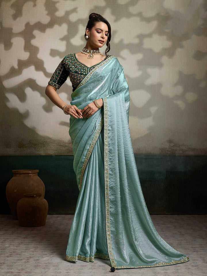 Embroidered Satin Saree With Readymade Blouse