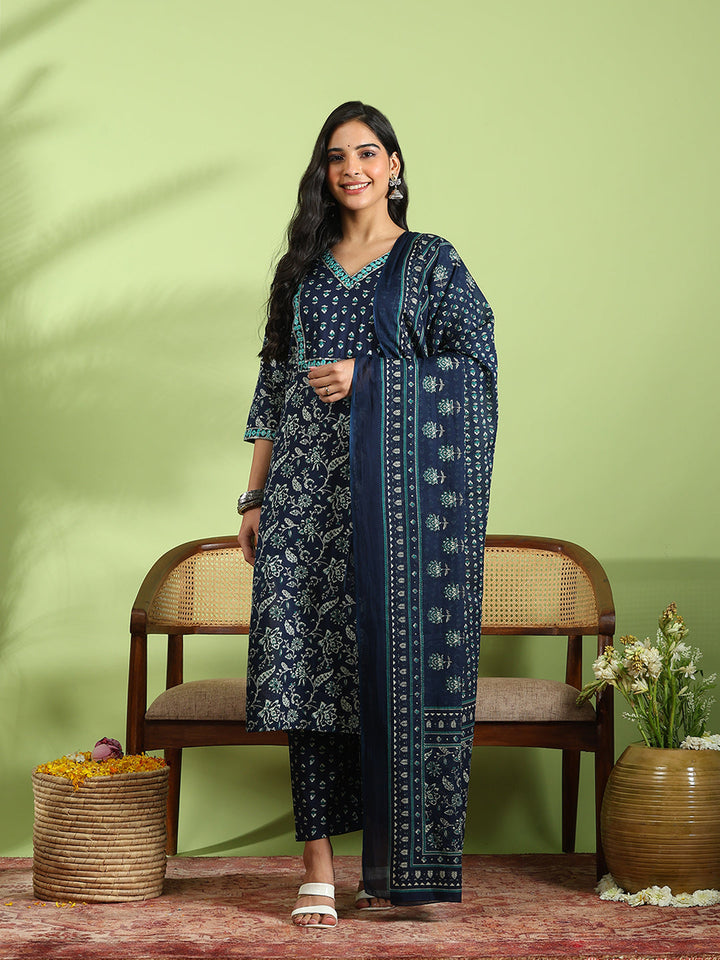 Printed Cotton Kurta With Pant &amp; Dupatta