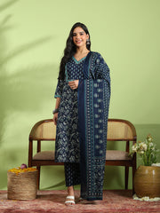 Printed Cotton Kurta With Pant & Dupatta