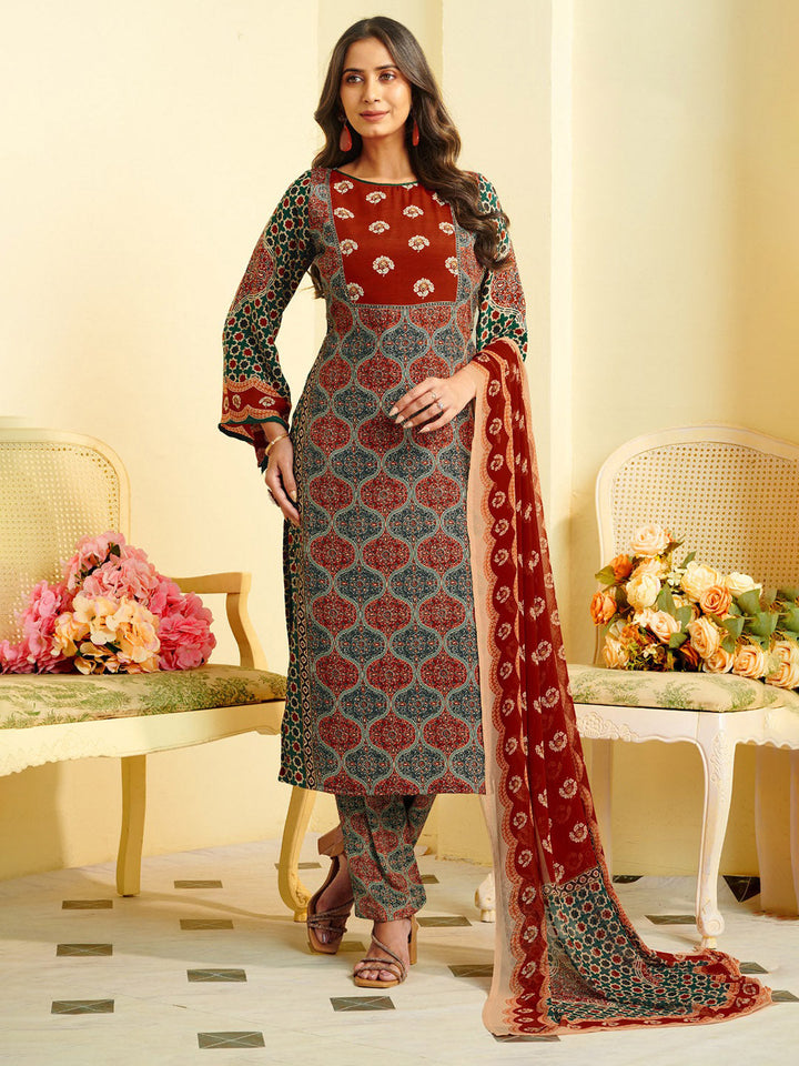 Printed Crepe Unstitched Suit With Pant &amp; Dupatta