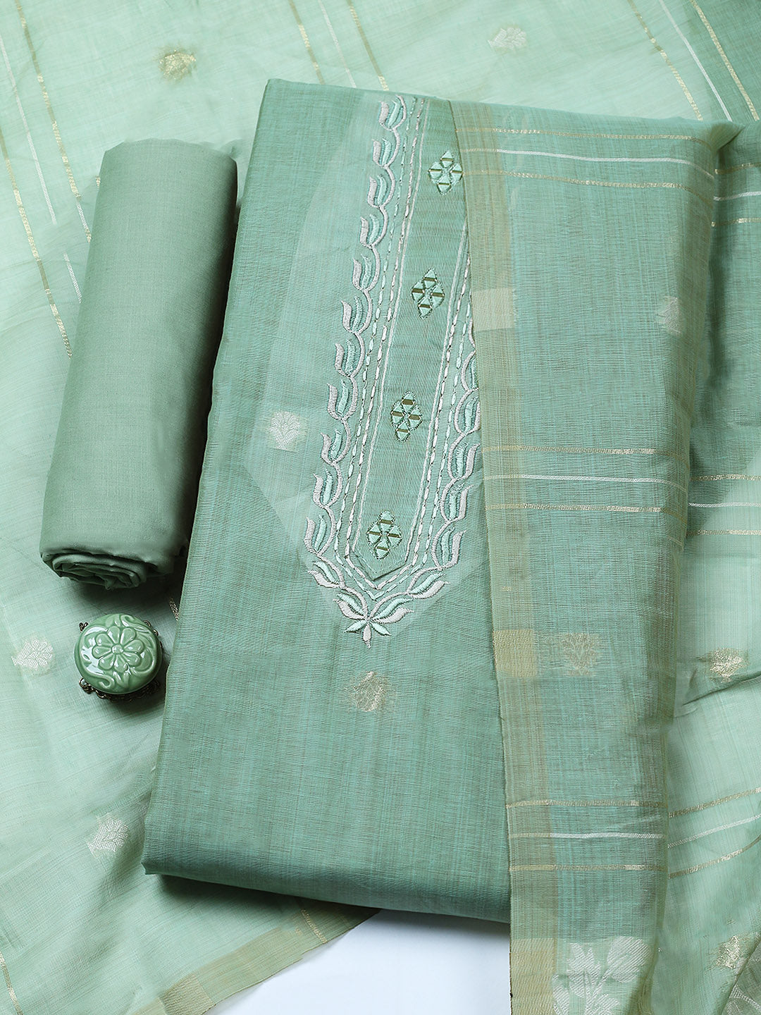 Embroidered Chanderi Unstitched Suit With Pant &amp; Dupatta