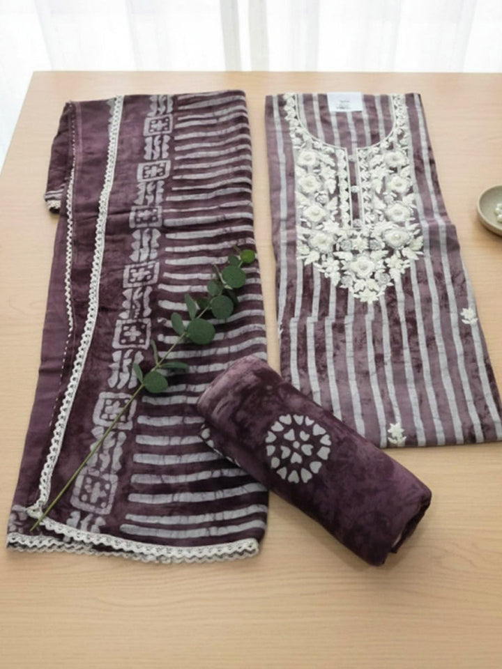 Printed Cotton Blend Unstitched Suit With Pant &amp; Dupatta