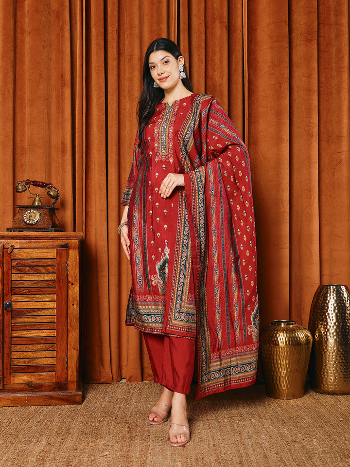Printed Cotton Blend Kurta With Pants &amp; Dupatta