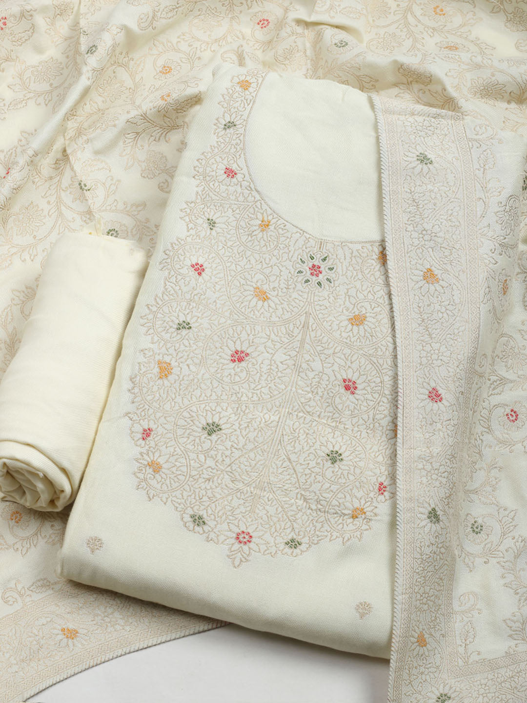 Pashmina Woven Design Unstitched Kurta With Pant &amp; Dupatta