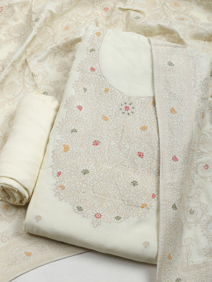 Pashmina Woven Design Unstitched Kurta With Pant &amp; Dupatta