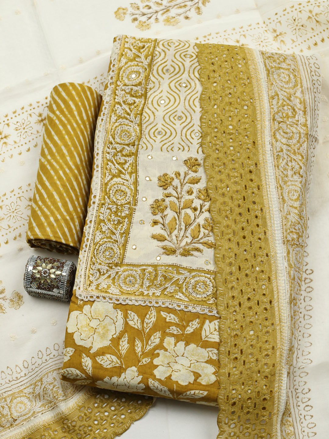 Printed Cotton Blend Unstitched Suit With Pant &amp; Dupatta