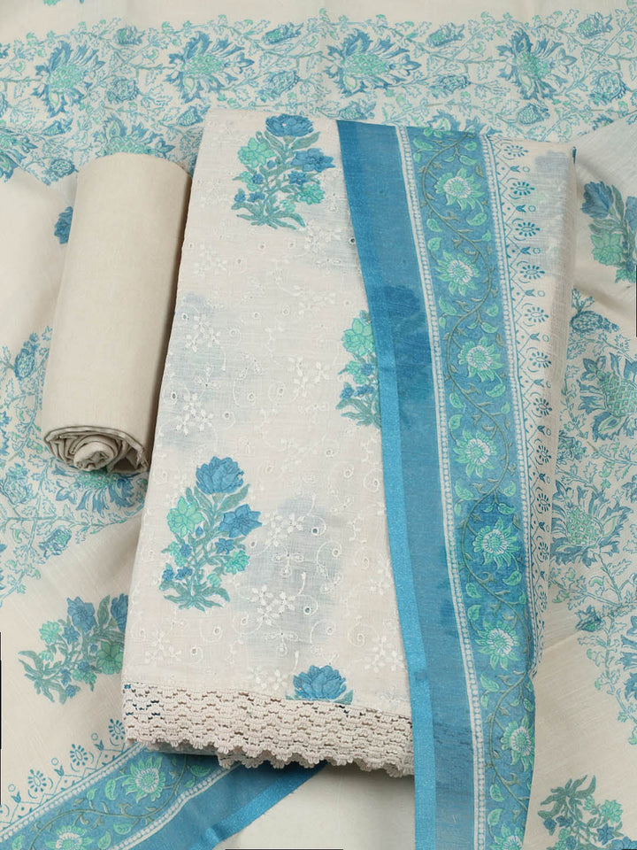 Embroidered Cotton Blend Unstitched Suit With Pant &amp; Dupatta