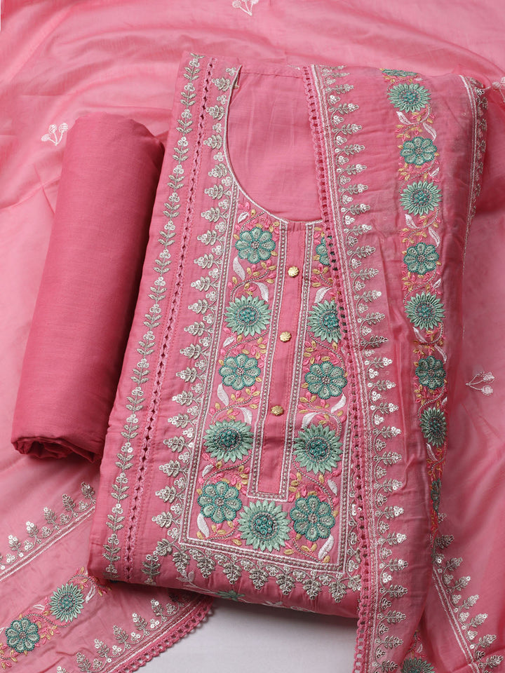 Embroidered Chanderi Unstitched Kurta With Pant &amp; Dupatta