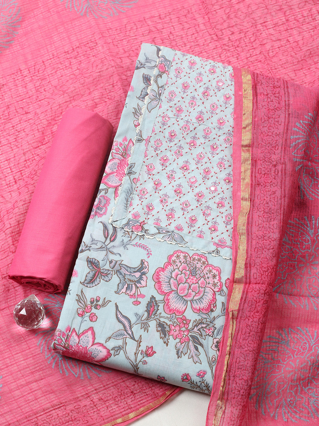 Printed Cotton Blend Unstitched Suit With Pant &amp; Dupatta