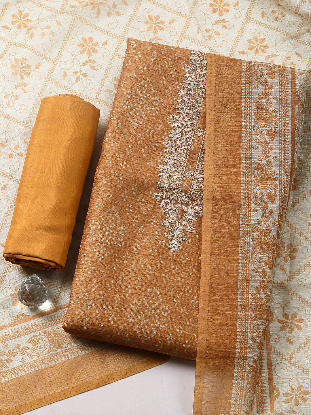 Embroidered Chanderi Unstitched Suit With Pant &amp; Dupatta