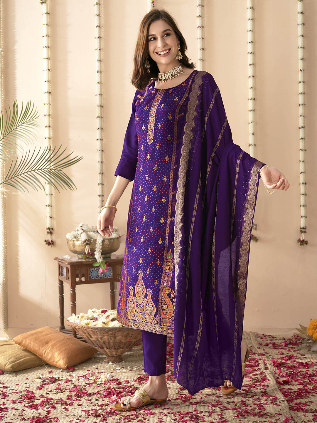 Embroidered Silk Kurta With Pant &amp; Dupatta