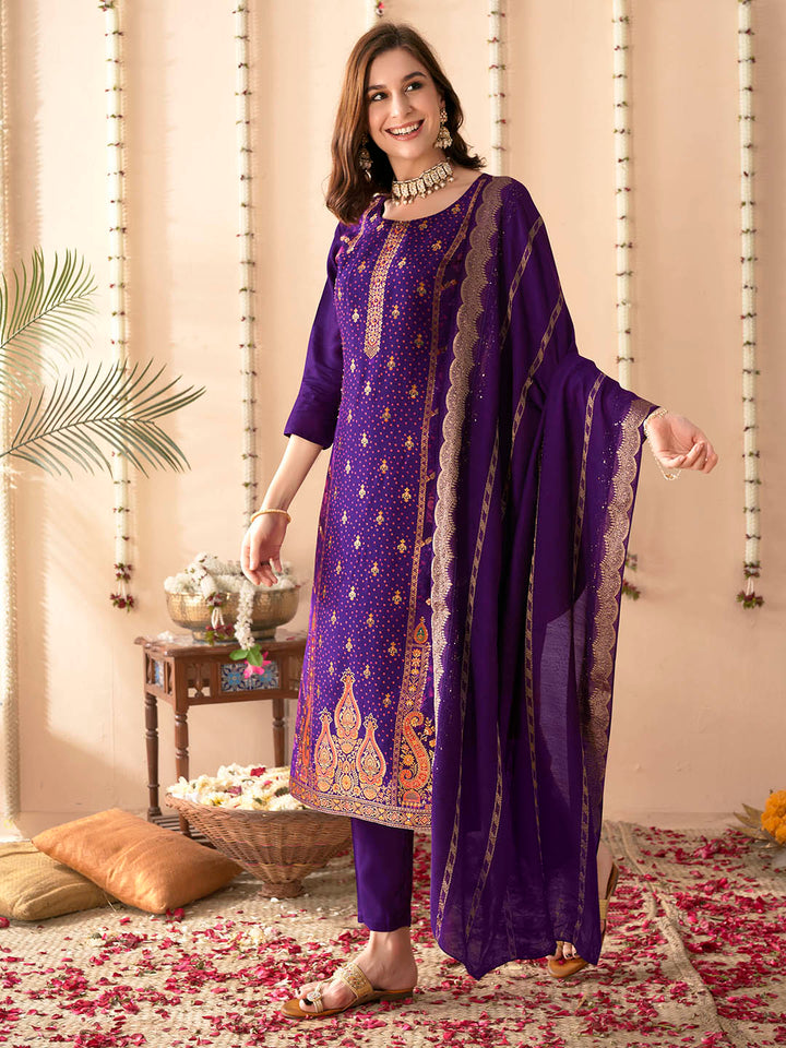 Embroidered Silk Kurta With Pant &amp; Dupatta