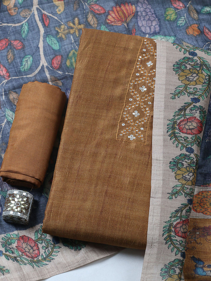 Embroidered Tussar Unstitched Suit With Pant &amp; Dupatta