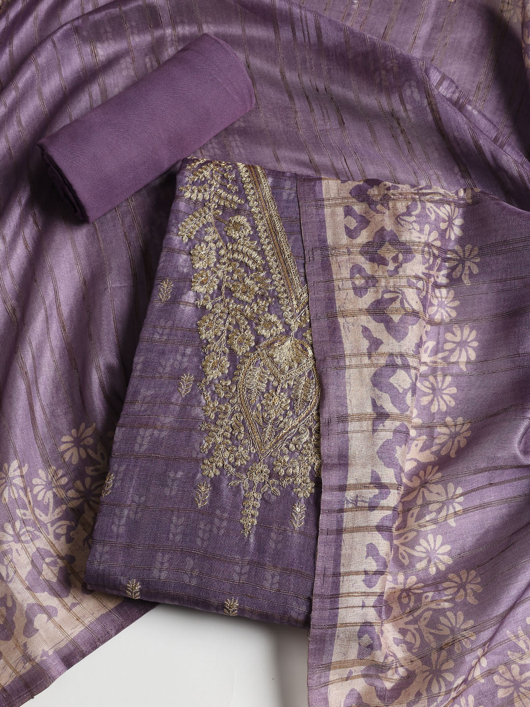 Neck Embroidered Chanderi Unstitched Suit With Dupatta