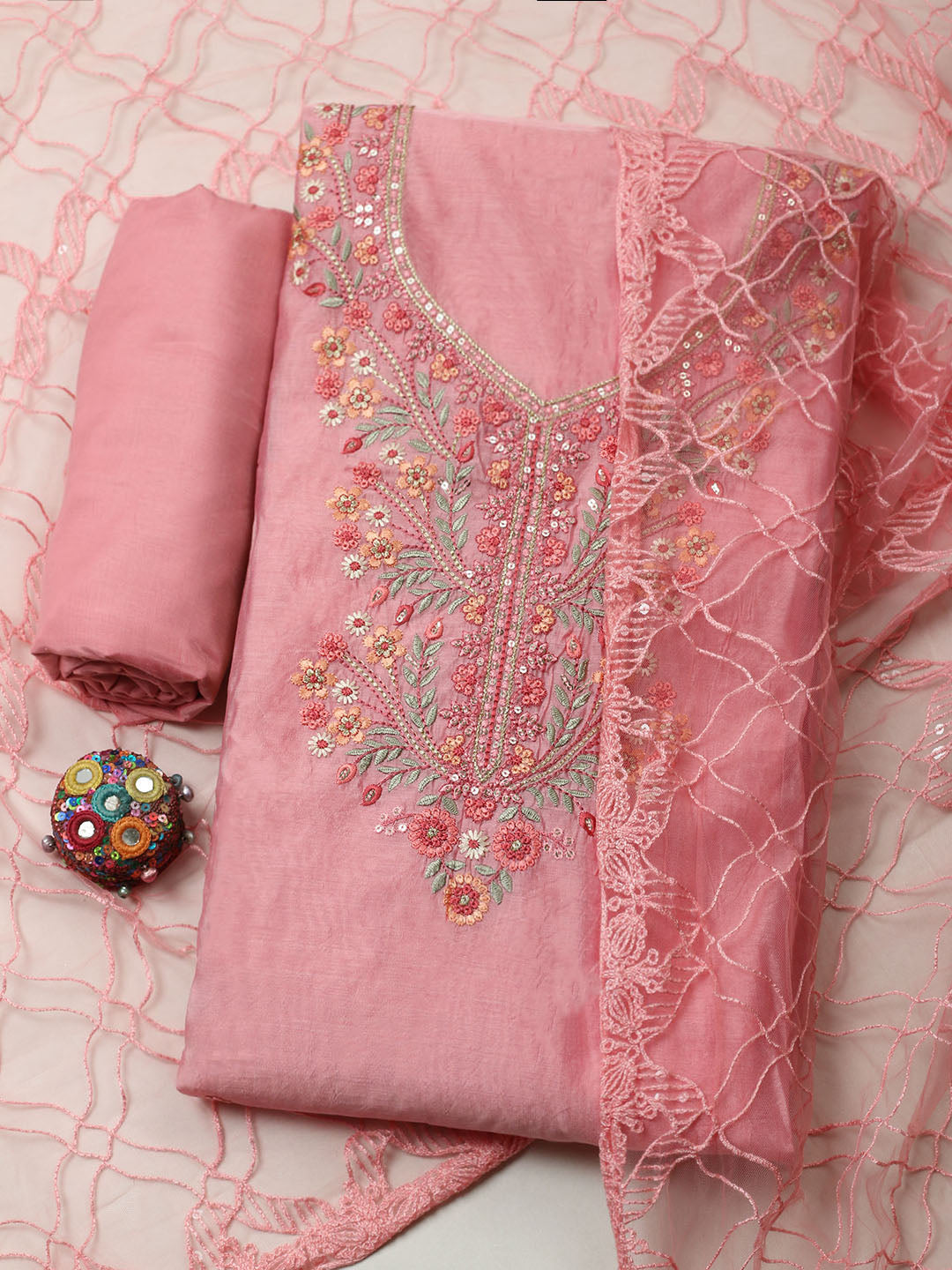 Embroidered Chanderi Unstitched Suit With Pant &amp; Dupatta