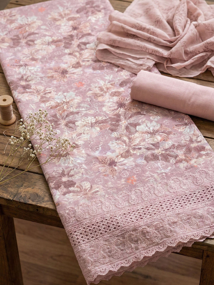 Embroidered Cotton Blend Unstitched Suit With Pant &amp; Dupatta