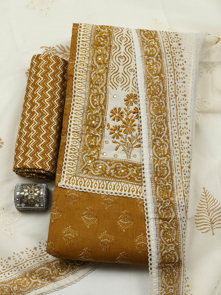 Printed Cotton Blend Unstitched Suit With Pant &amp; Dupatta