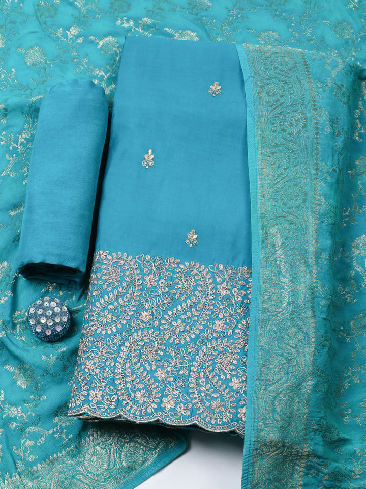 Woven Design Chanderi Unstitched Suit With Pant &amp; Dupatta