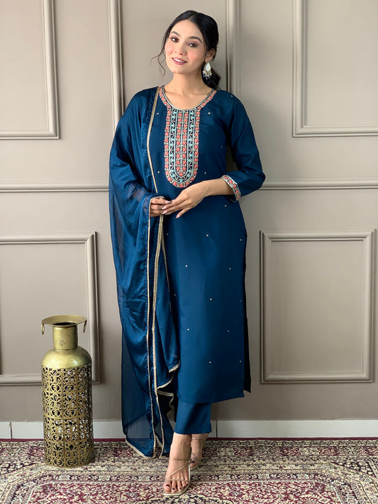 Neck Embroidered Chanderi Kurta With Pants & Dupatta