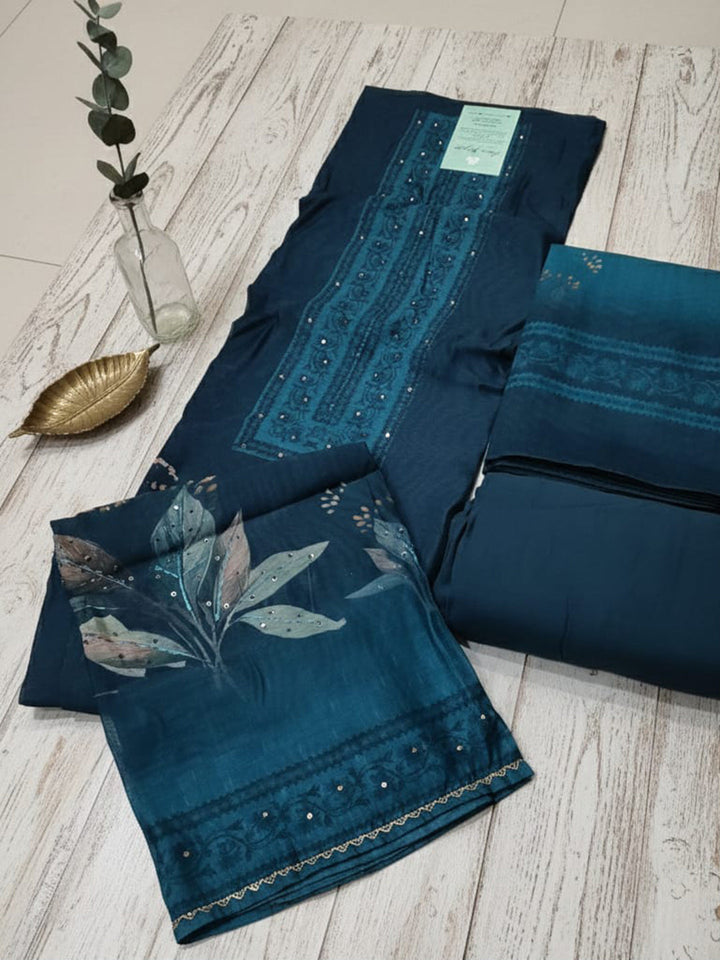 Printed Chanderi Unstitched Suit With Pant &amp; Dupatta