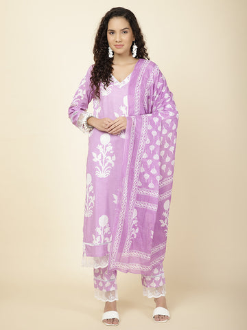 Floral Printed Cotton Kurta With Pants & Dupatta