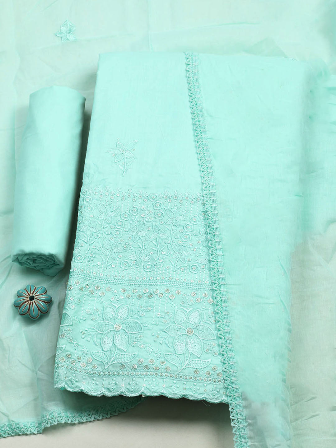 Embroidered Chanderi Unstitched Suit With Pant &amp; Dupatta