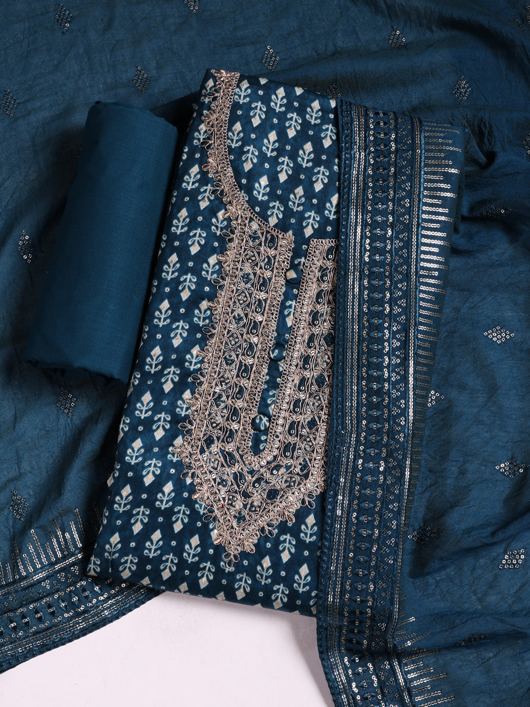 Neck Embroidered Cotton Blend Unstitched Suit With Dupatta