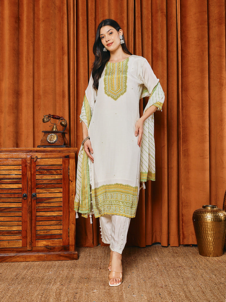 Bandhani Printed Crepe Kurta With Pants &amp; Dupatta