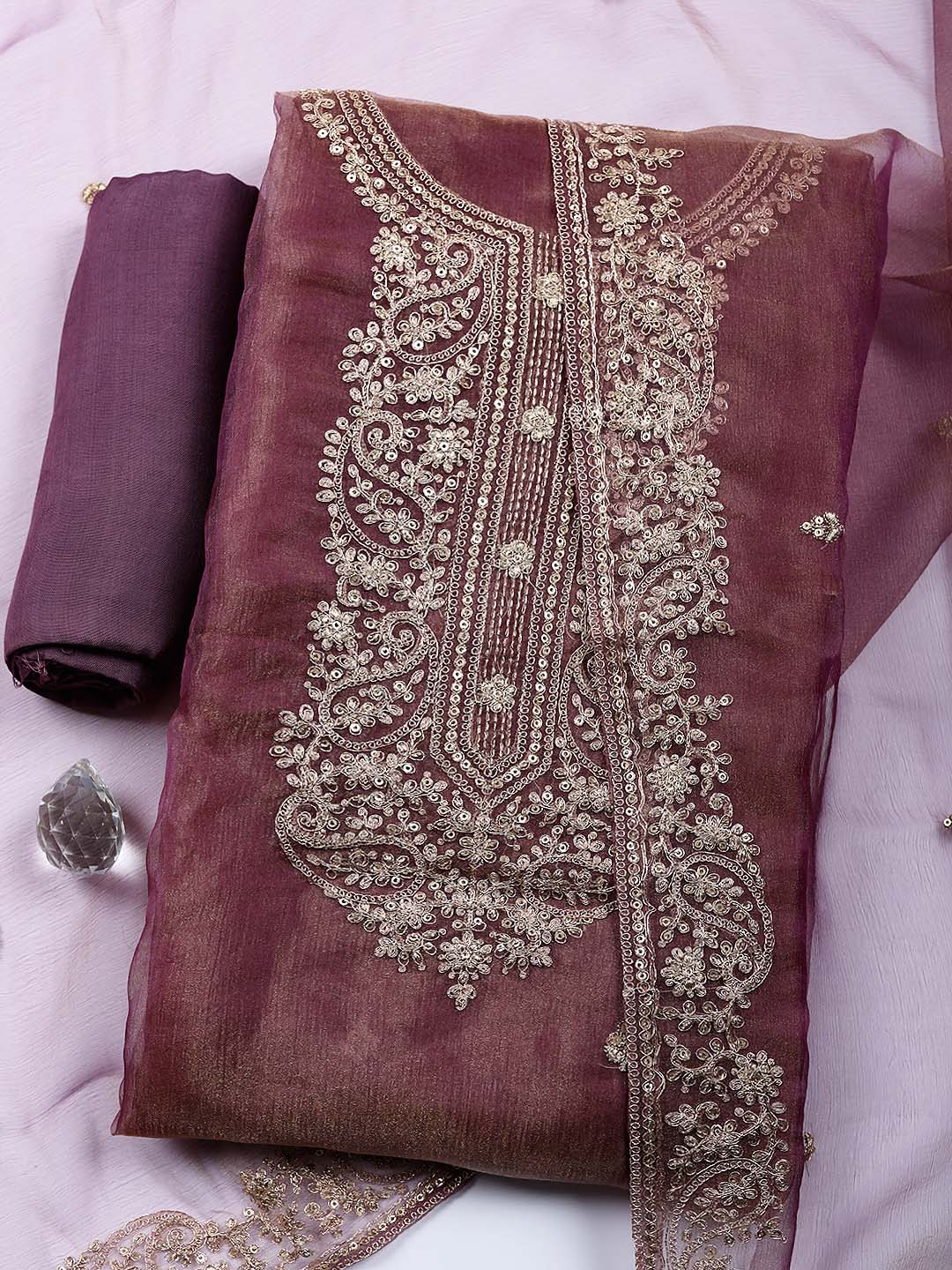 Embroidered Tissue Unstitched Suit With Pant &amp; Dupatta