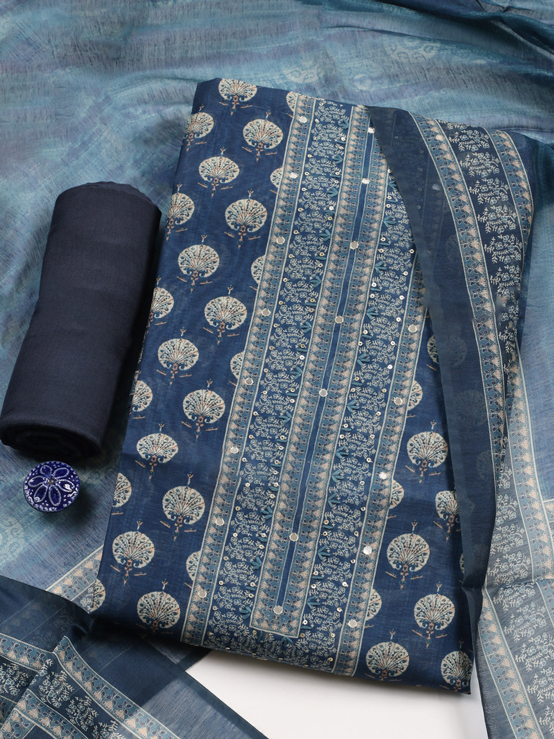 Embroidered Chanderi Unstitched Suit With Pant &amp; Dupatta