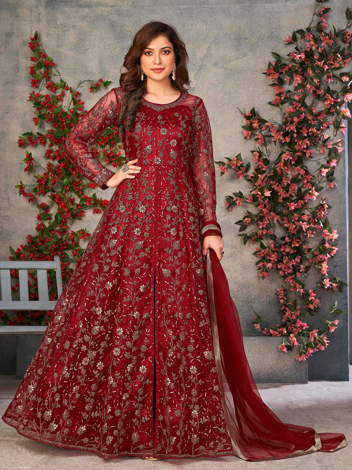 Embroidered Net Semi Stitched Kurta With Pant &amp; Dupatta