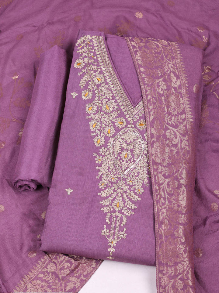 Embroidered Chanderi Unstitched Suit With Pant &amp; Dupatta