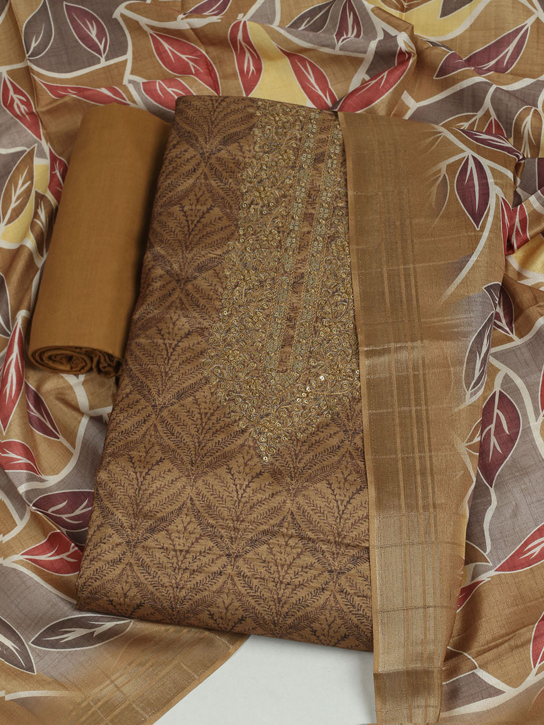Embroidered Cotton Unstitched Suit With Pant &amp; Dupatta
