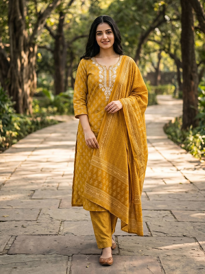 Embroidered Cotton Blend Kurta With Pant &amp; Dupatta