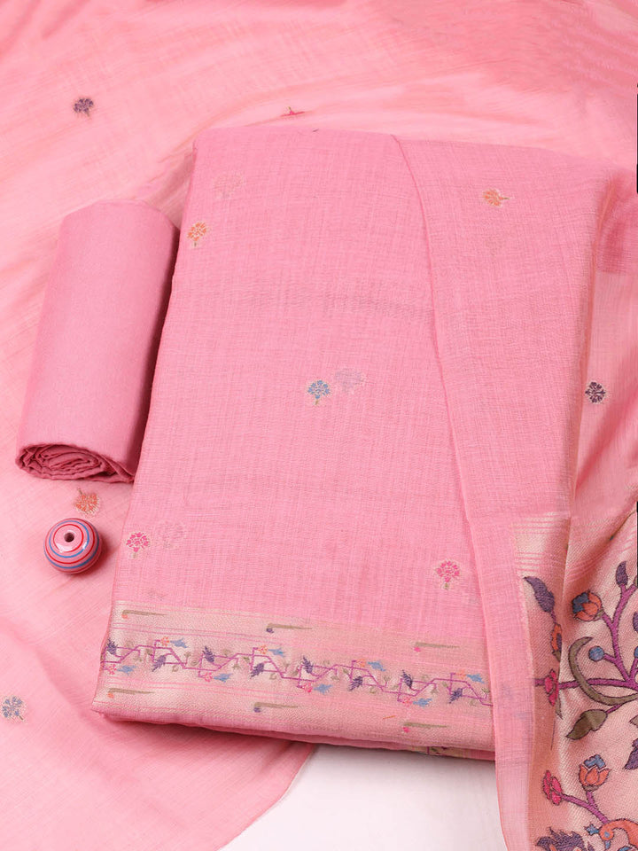 Embroidered Chanderi Unstitched Suit With Pant &amp; Dupatta