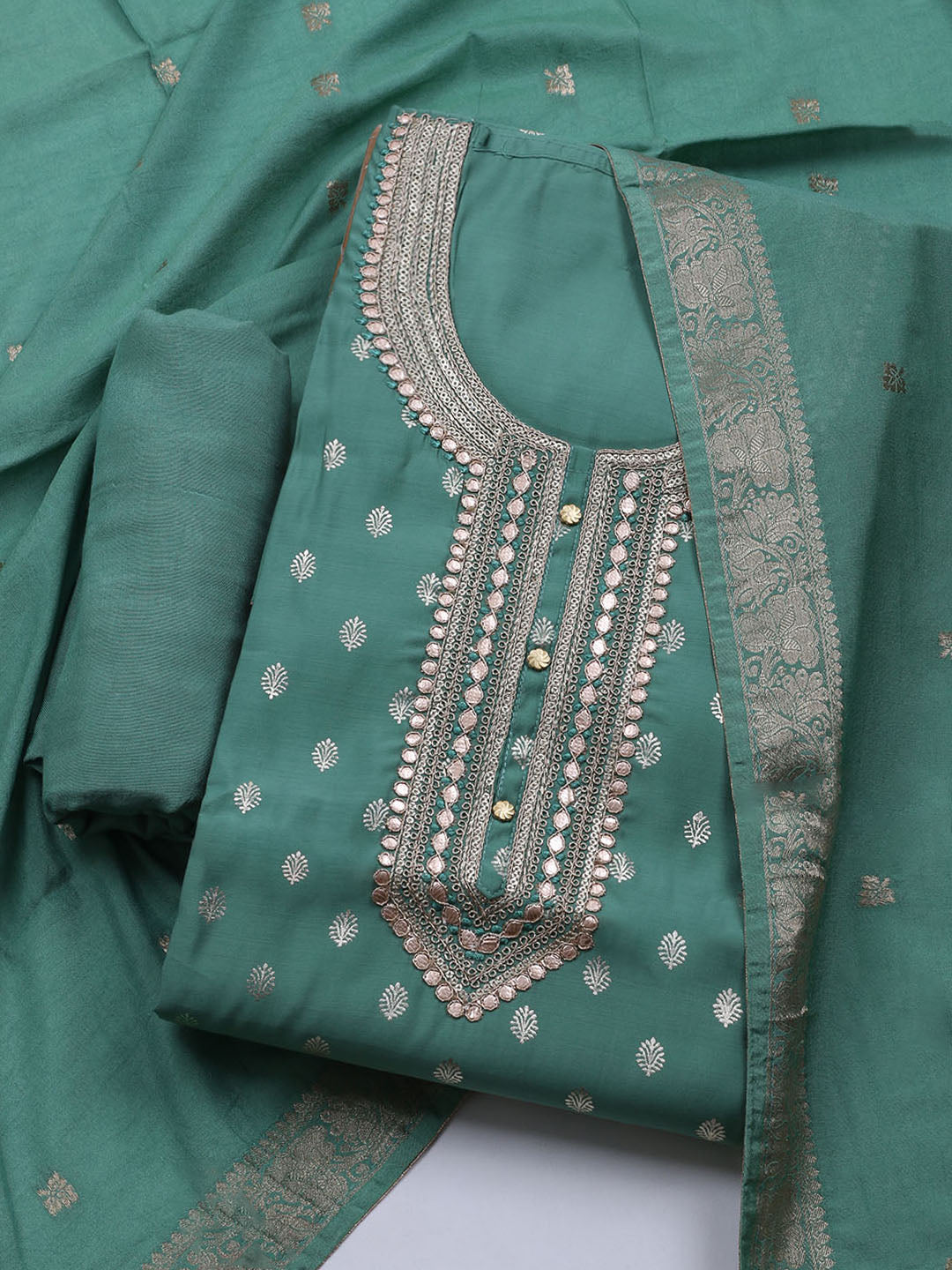 Neck Embroidered Chanderi Unstitched Suit With Dupatta