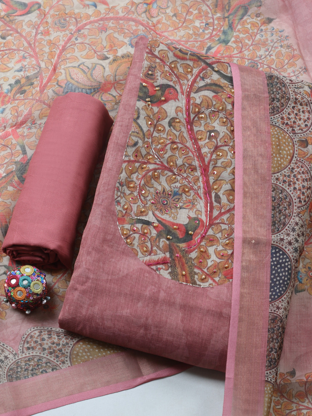 Printed Linen Blend Unstitched Suit With Pant &amp; Dupatta