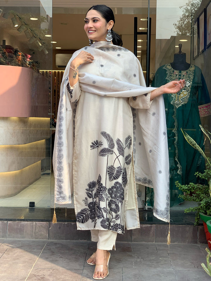 Printed Art Silk Kurta With Pants &amp; Dupatta