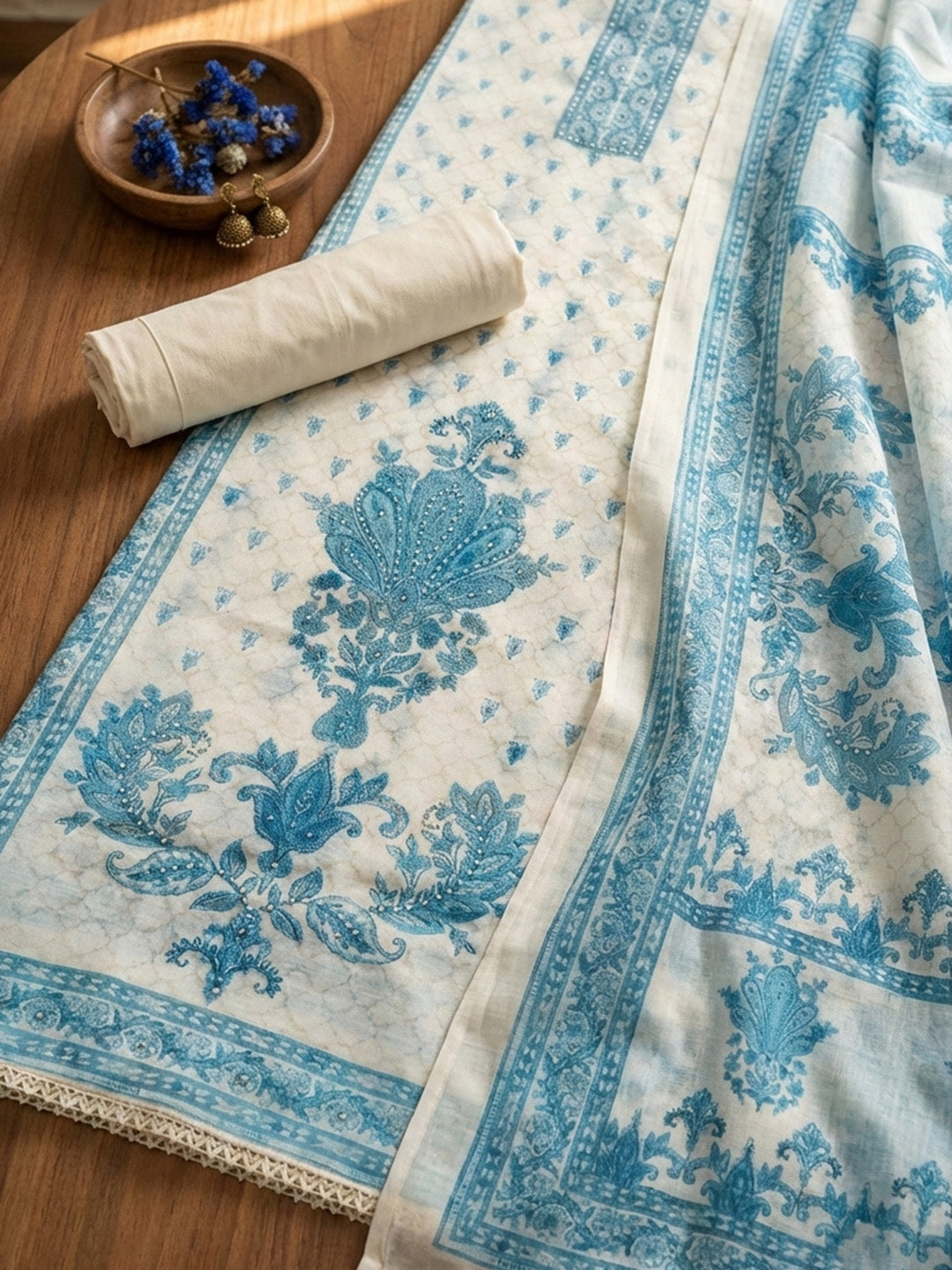 Printed Cotton Blend Unstitched Suit With Pant &amp; Dupatta
