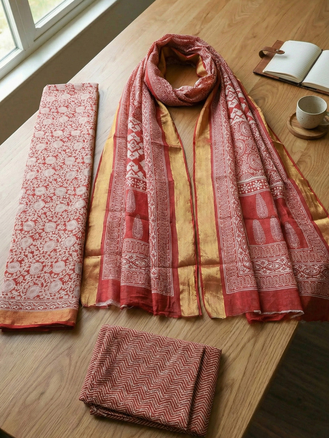 Printed Cotton Blend Unstitched Suit With Pant &amp; Dupatta