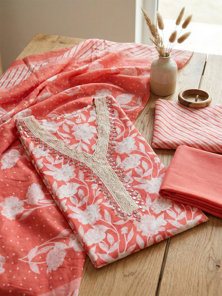 Printed Chanderi Unstitched Suit With Pant &amp; Dupatta