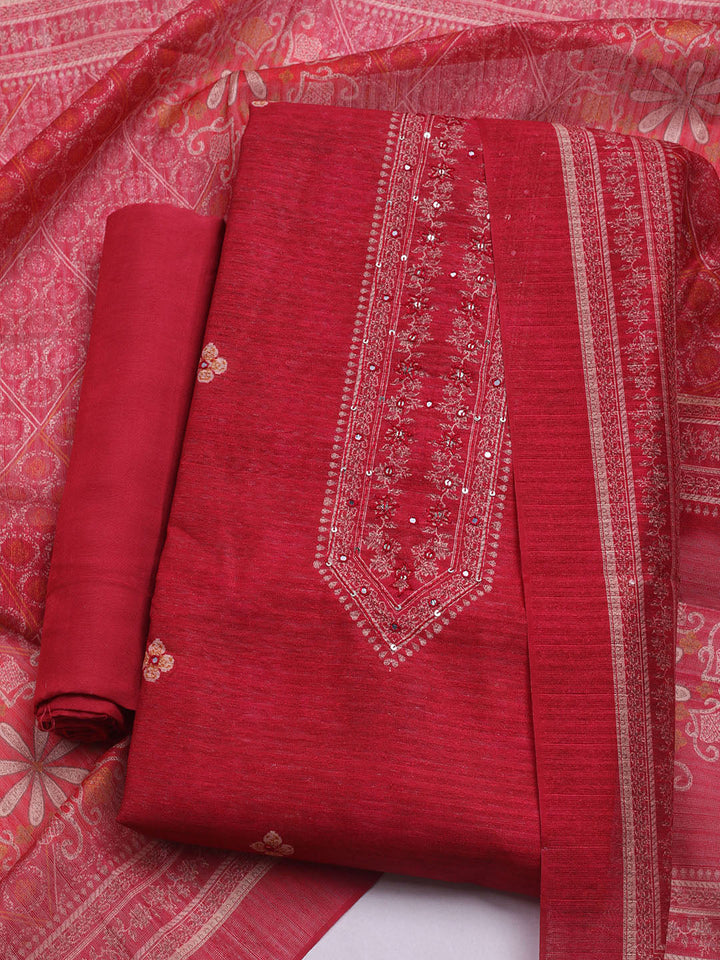 Embroidered Chanderi Unstitched Suit With Dupatta