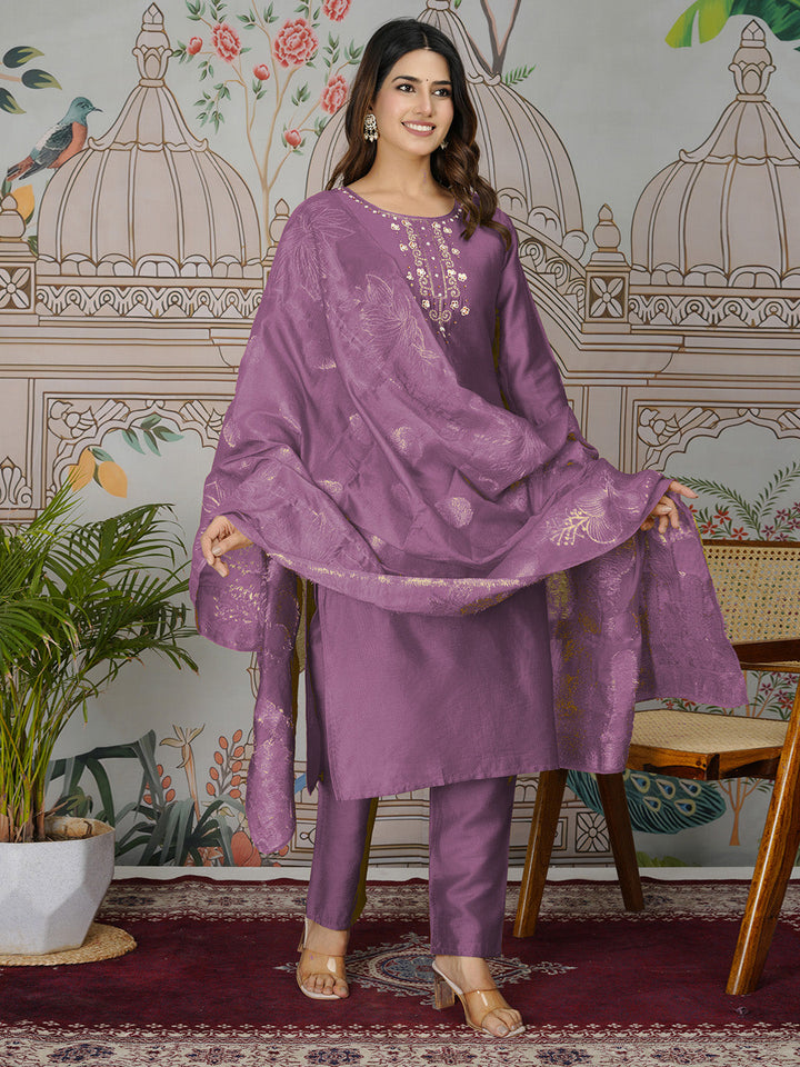 Embroidered Tissue Kurta With Pants &amp; Dupatta
