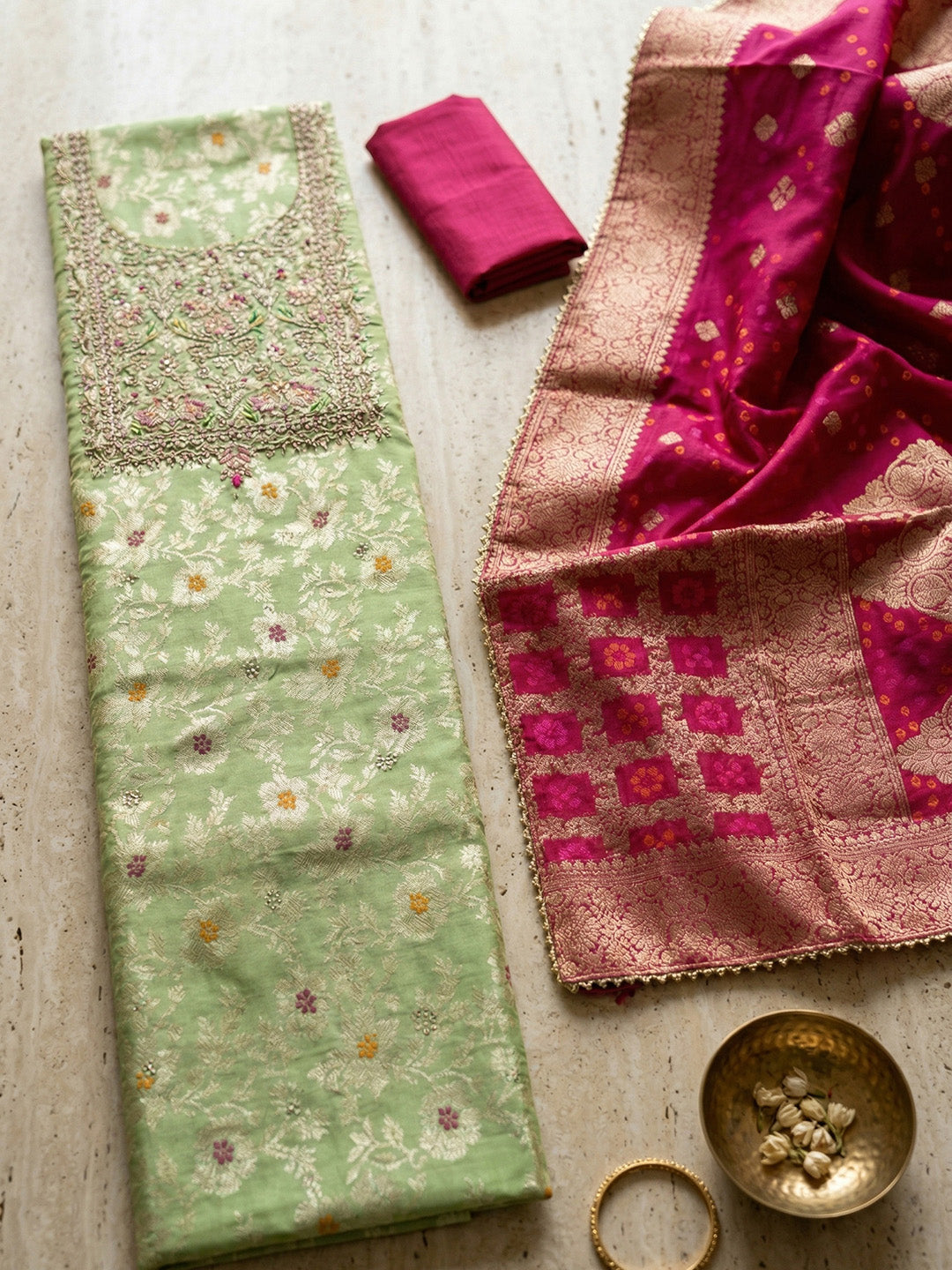Banarasi Chanderi Unstitched Suit With Pant &amp; Dupatta
