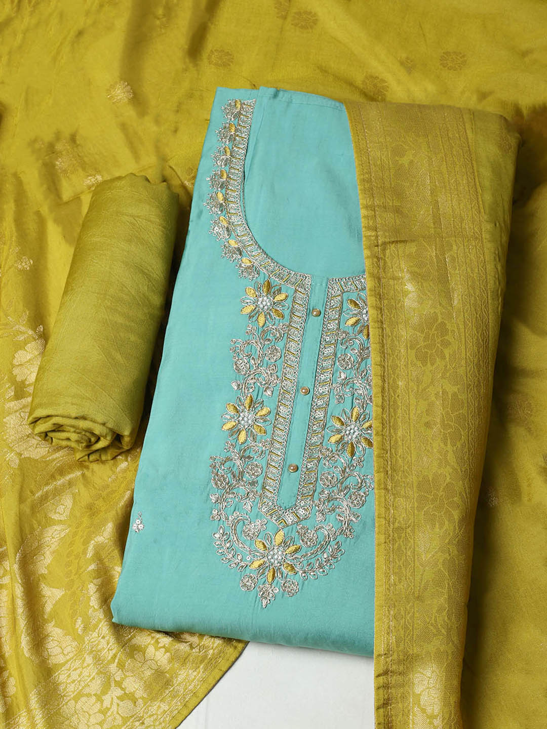 Embroidered Chanderi Unstitched Suit With Pant &amp; Dupatta