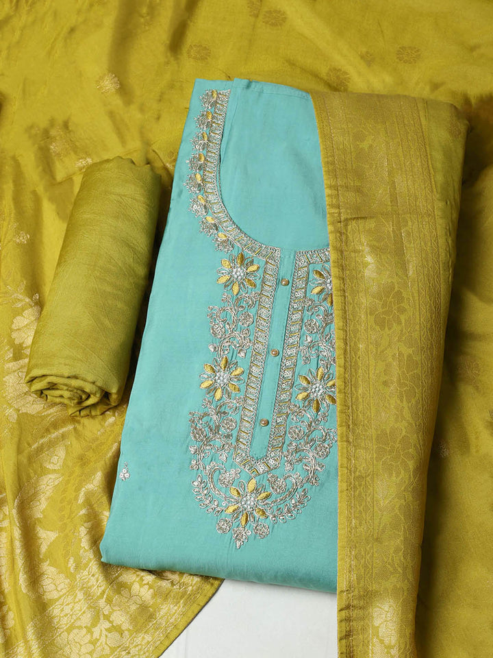 Embroidered Chanderi Unstitched Suit With Pant &amp; Dupatta