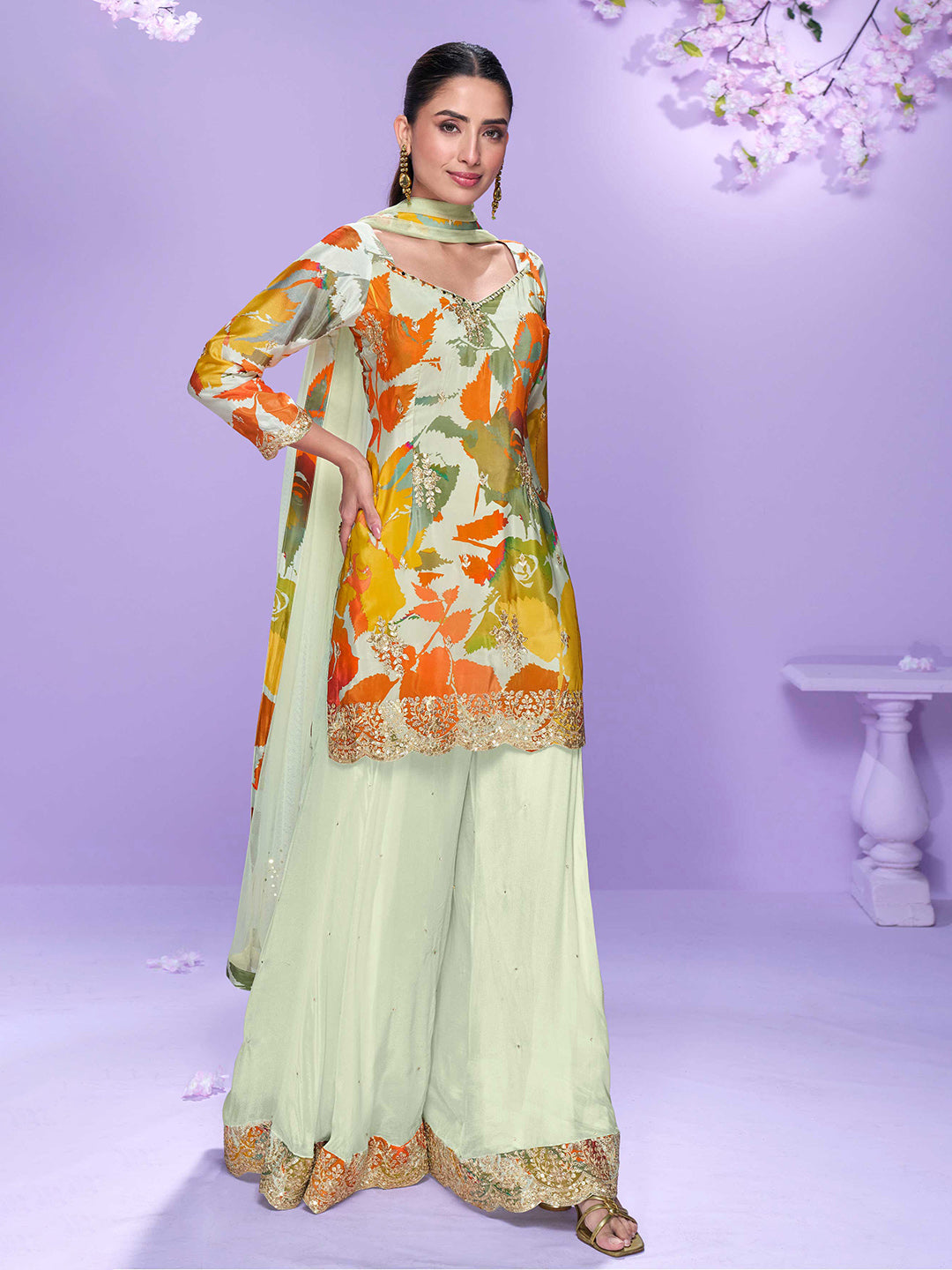 Embroidered Chinon Suit With Plazzo &amp; Dupatta