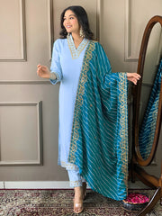 Resham Zari Embroidered Handloom  Kurta With Pant & Dupatta