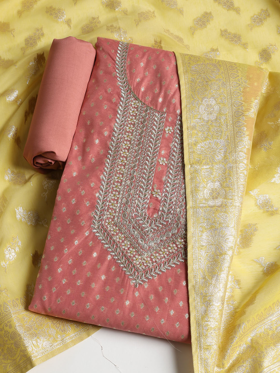 Embroidered Chanderi Unstitched Suit With Dupatta