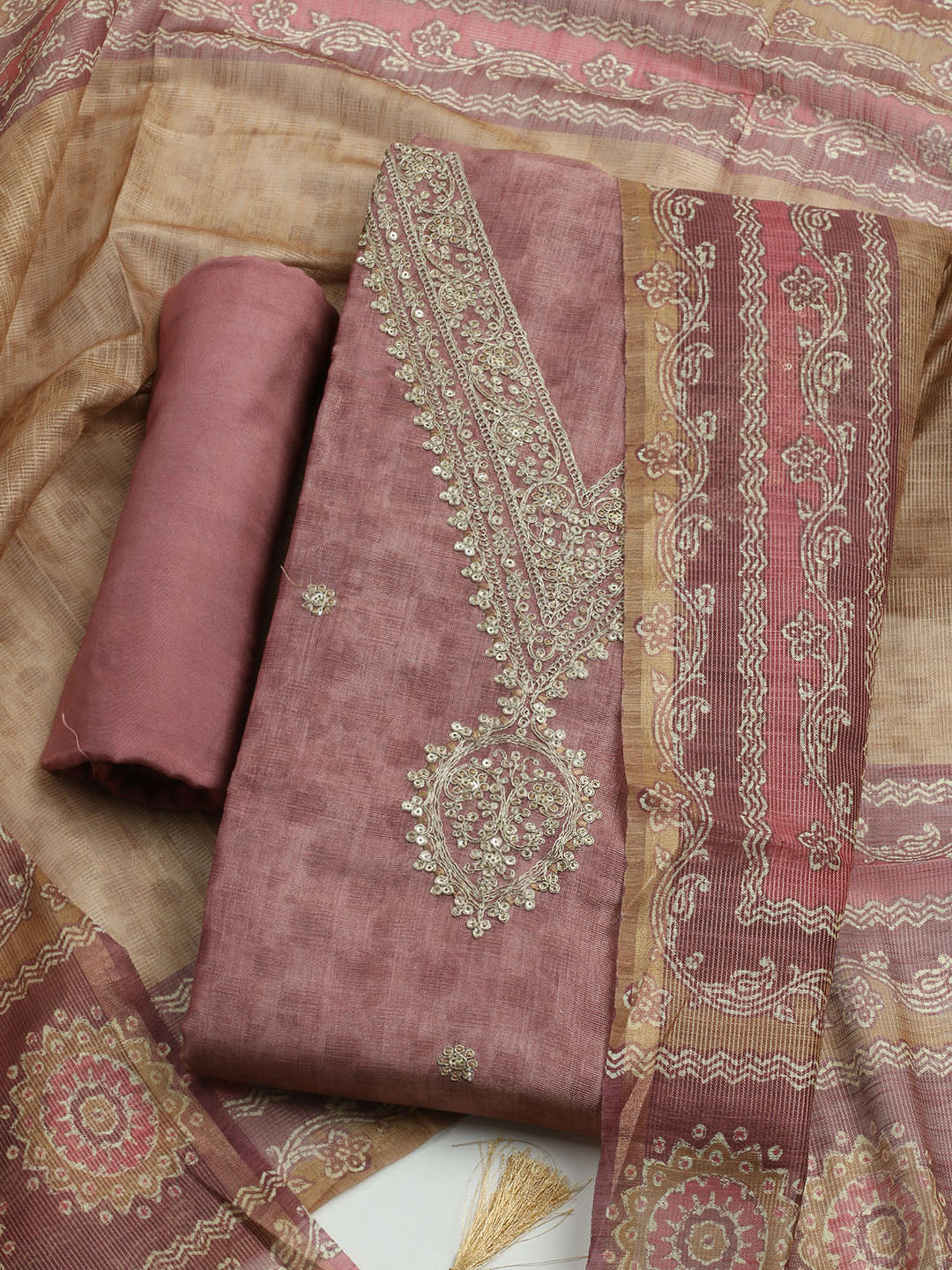 Embroidered Tissue Unstitched Kurta With Pant & Dupatta